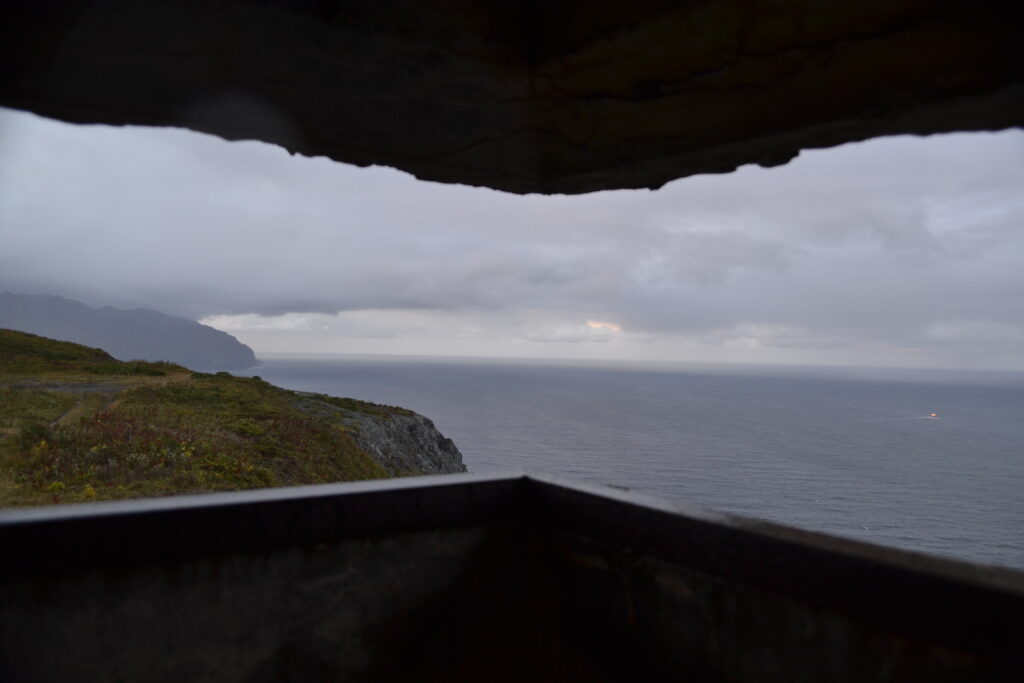 View from inside a bunker looking out into the Unalaska Bay