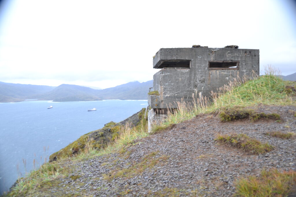 Bunker on a hill in Unalaska overlooking the bay