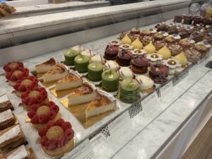 Colorful display of french pastries and cakes