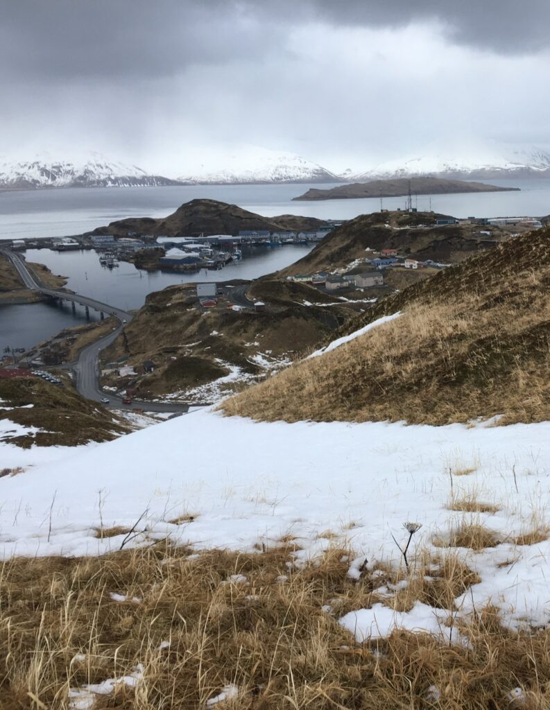 View of harbor from the top of a hill covered with patches of snow