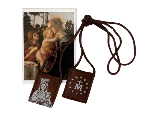 Brown scapular laid on top of a picture of the Blessed Virgin Mary