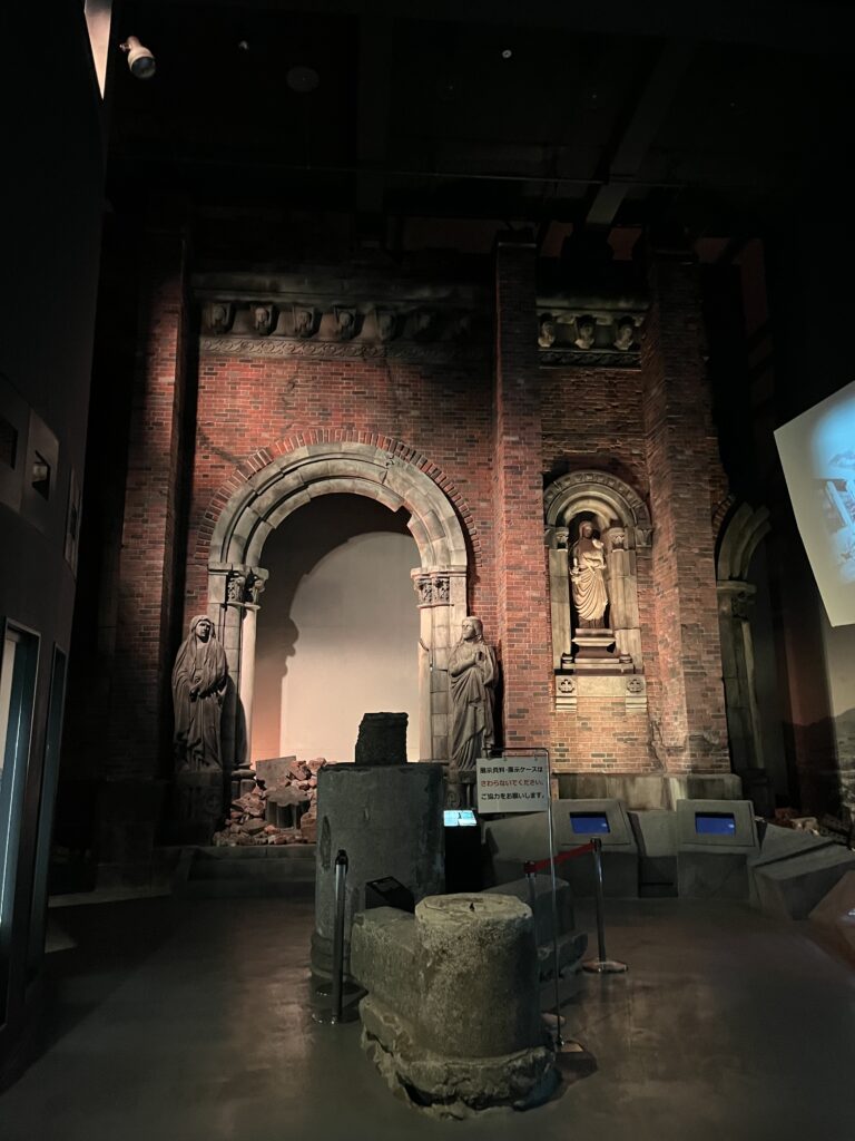 The ruins of a church wall after the Nagasaki bombing