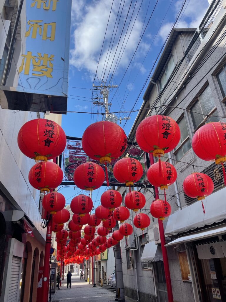 Chinese lanterns above a street in Nagasaki Chinatown