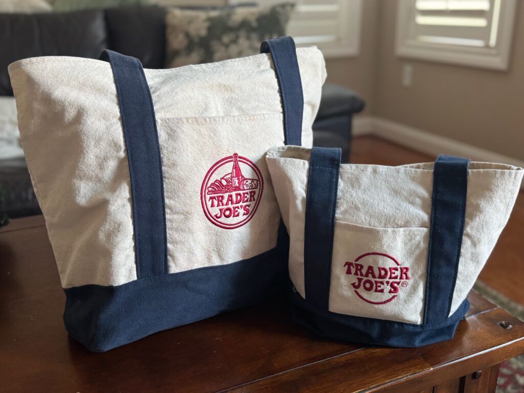 Trader Joe's canva tote bags in the large and small size
