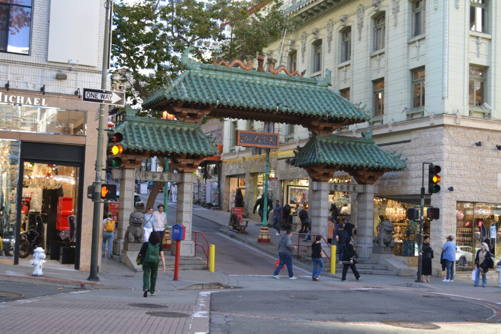 A chinese gate over a street in San Francisco