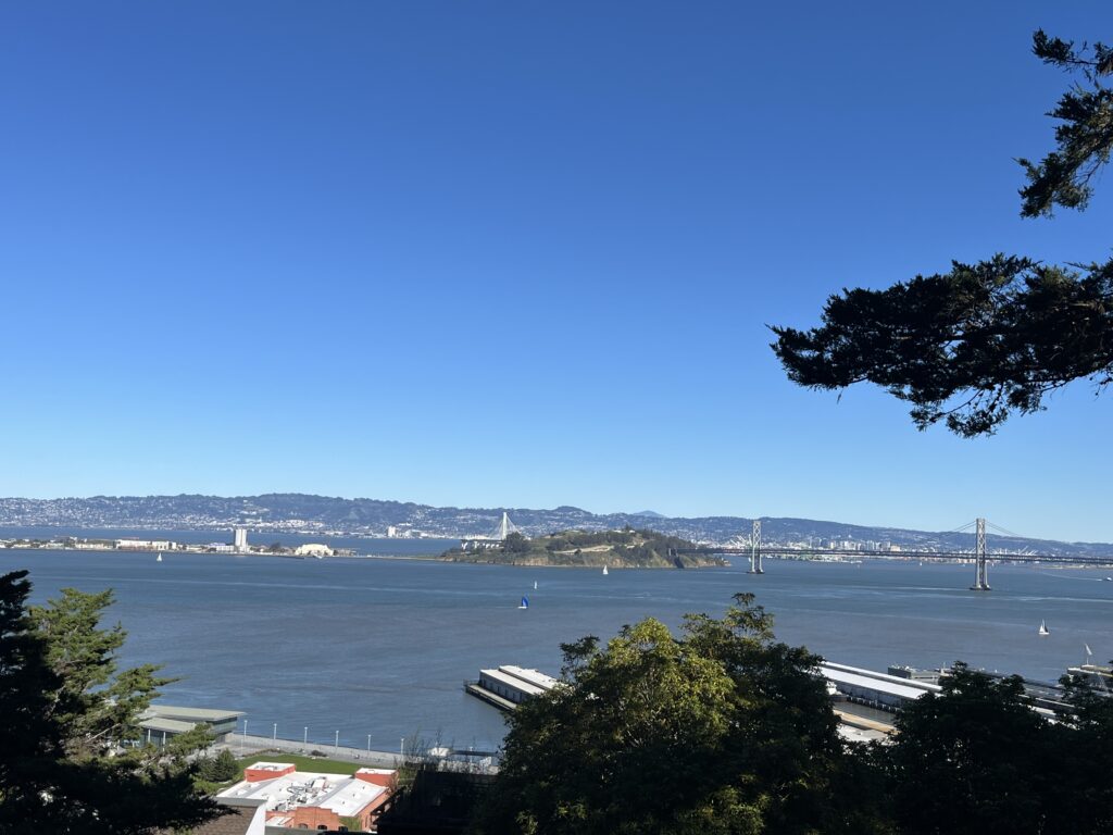 A view of Treasure Island and the Bay Bridge from the Coit Tower in San Francisco