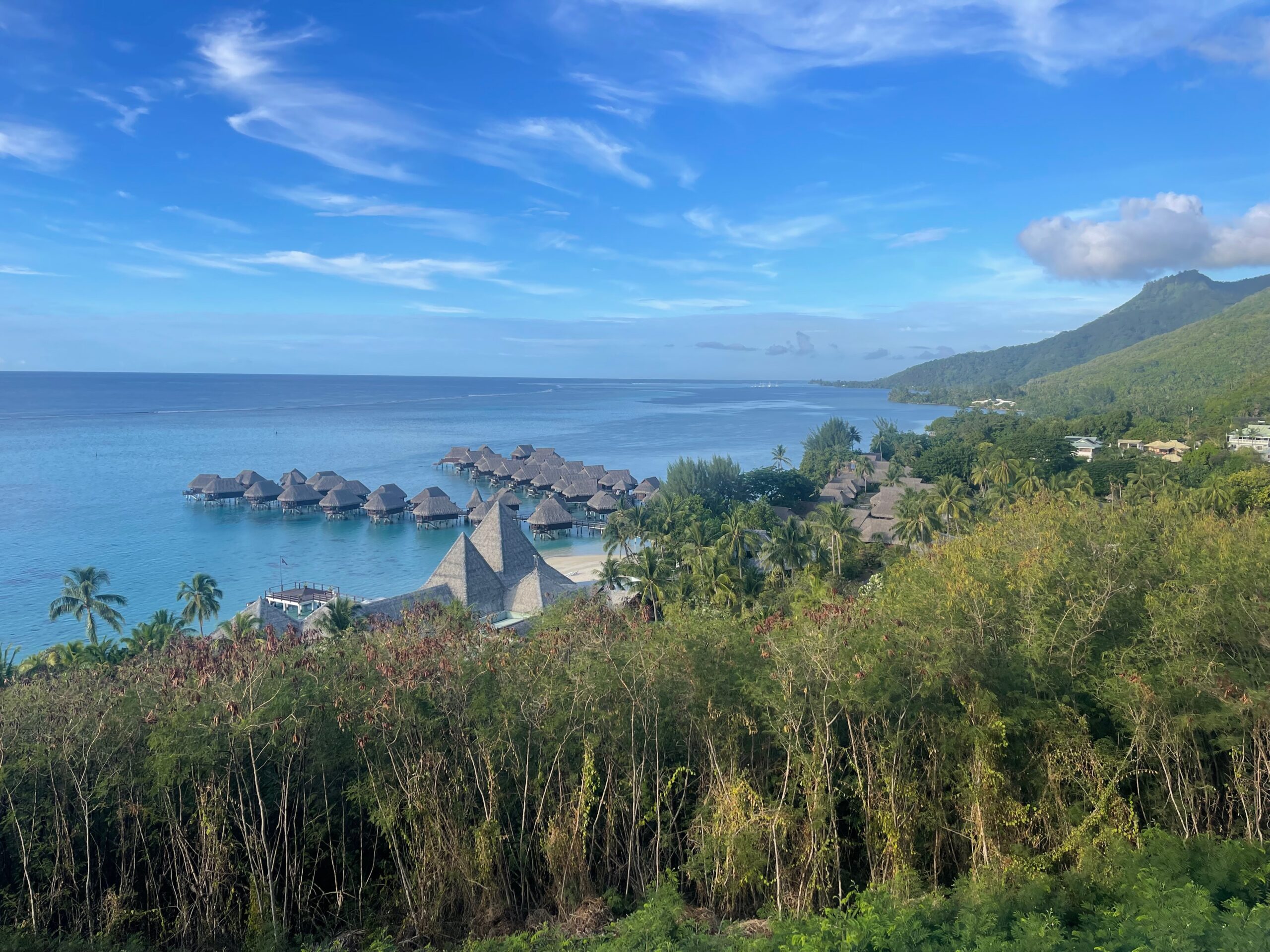 Panoramic view of ocean with over water bungalows and tropical trees