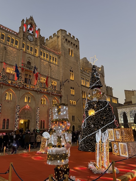 French city center decked out with Christmas decorations with a large tree in the center surrounded by light up figurines