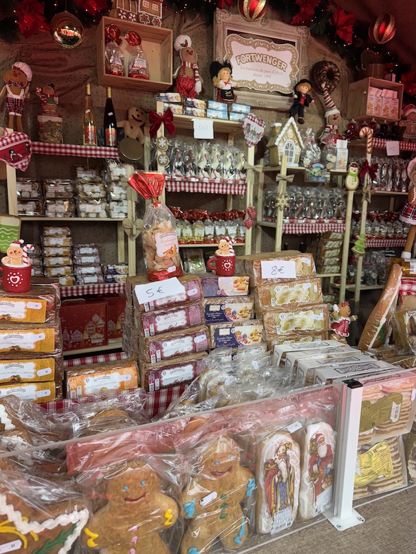 A Christmas stall in Europe selling spiced bread wrapped in festive packaging