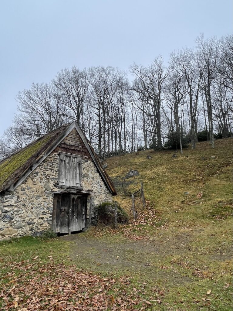The side angle of a simple sheepfold made of stones along the side of a grassy hill with wooden barn doors and wooden shutters over the only window above it and bare trees scattered in the background