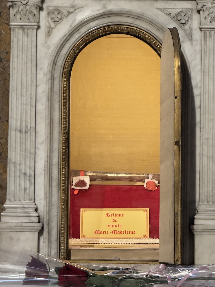 A tabernacle reliquary holds the relics of Saint Mary Magdalen inside La Madeleine church