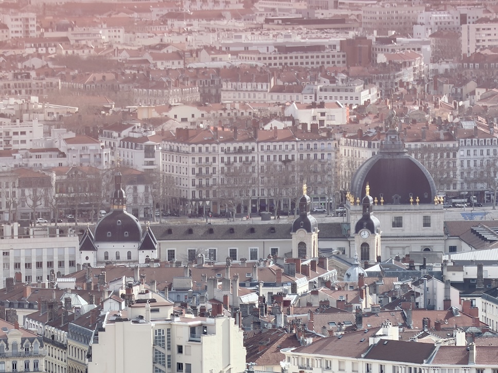 View of Lyon rooftops including the Hotel Dieu of Lyon from Fourvière hill in Lyon, France.