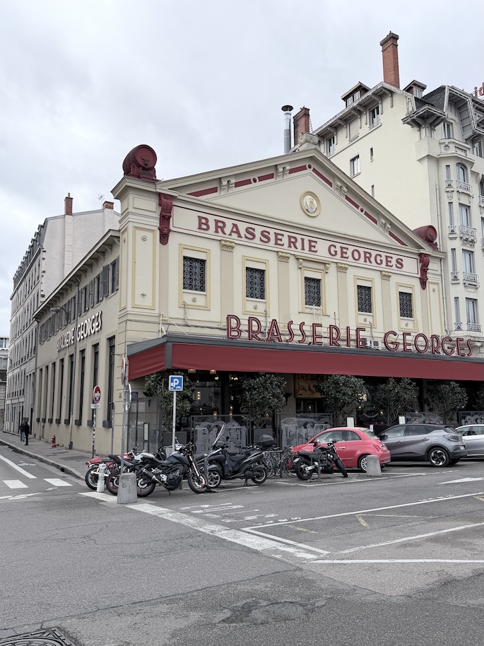 Famous Brasserie Georges restaurant in Lyon France on street corner near Perrache train station