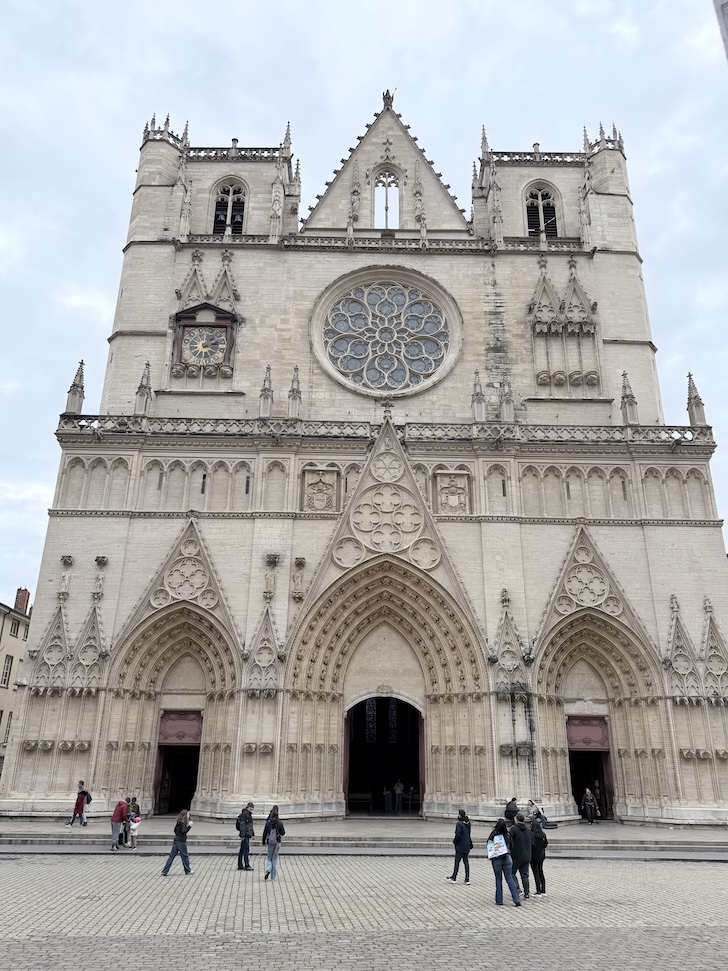 Façade of Cathédrale Saint-Jean-Baptiste in Lyon’s Old Town, a Gothic cathedral in Lyon, France.