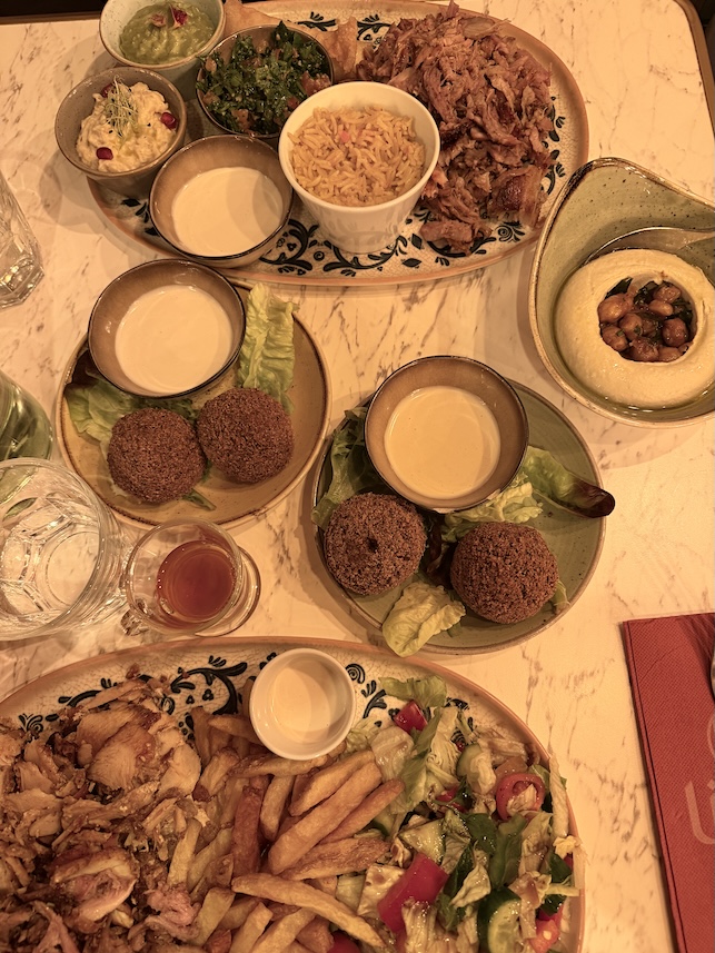 Lebanese mezze platter with falafel hummus grilled meat and salad at Litani Mezza Bar Lyon