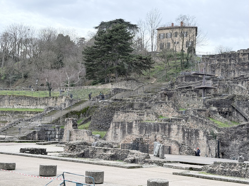 Ancient Roman ruins at Théâtre Gallo-Romain on Fourvière hill in Lyon, France.