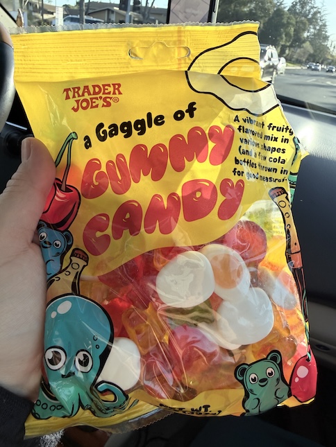 Trader Joe’s Gummy Candy bag with assorted fruit gummies including fried egg gummies, colorful chewy candies inside package